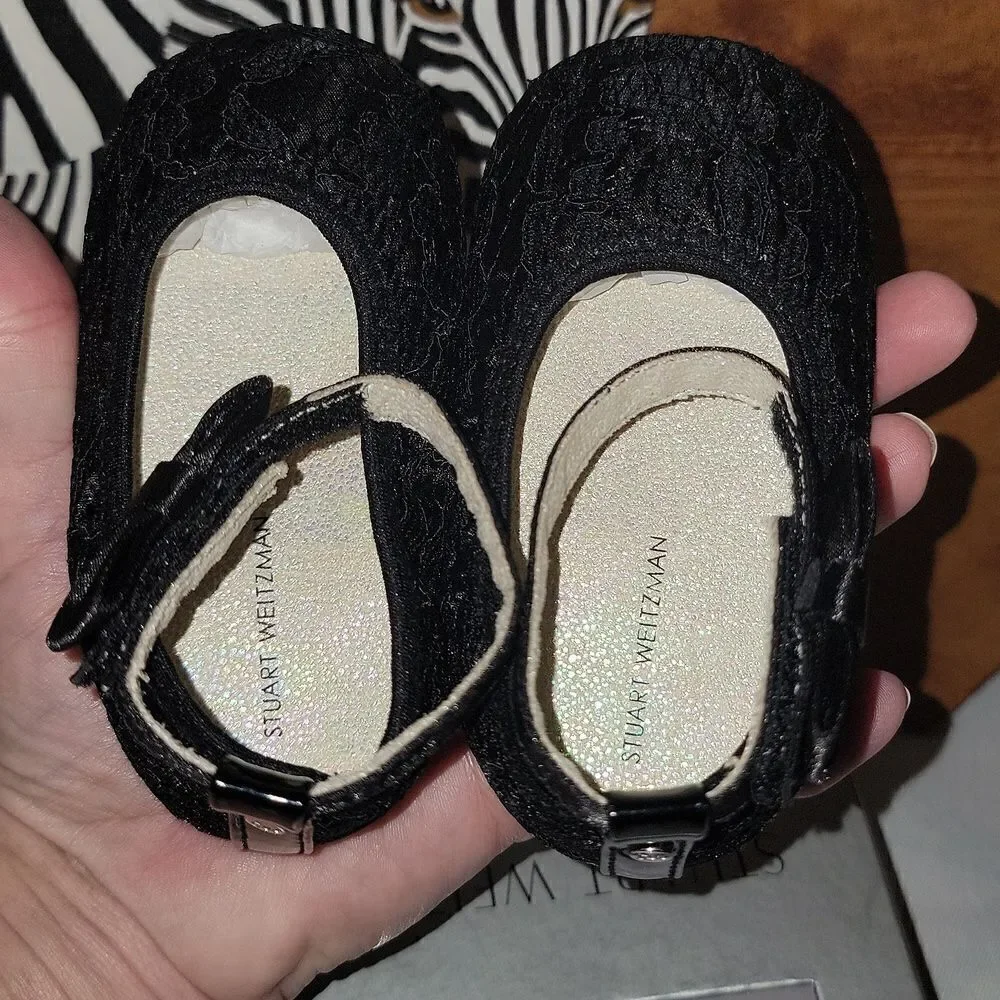 New Stuart Weitzman Black Baby Lacie Lace Shoes 9-12 Months Size 4